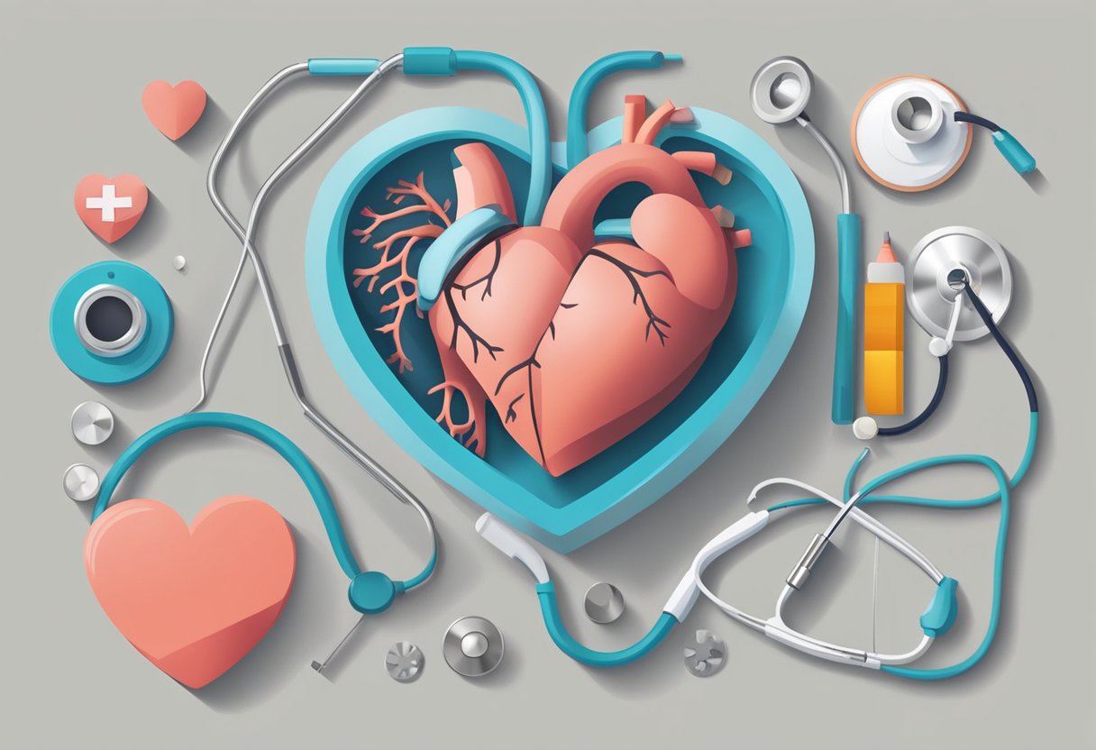 A heart-shaped hole surrounded by medical equipment and a stethoscope. Symptoms written in bold letters above the hole