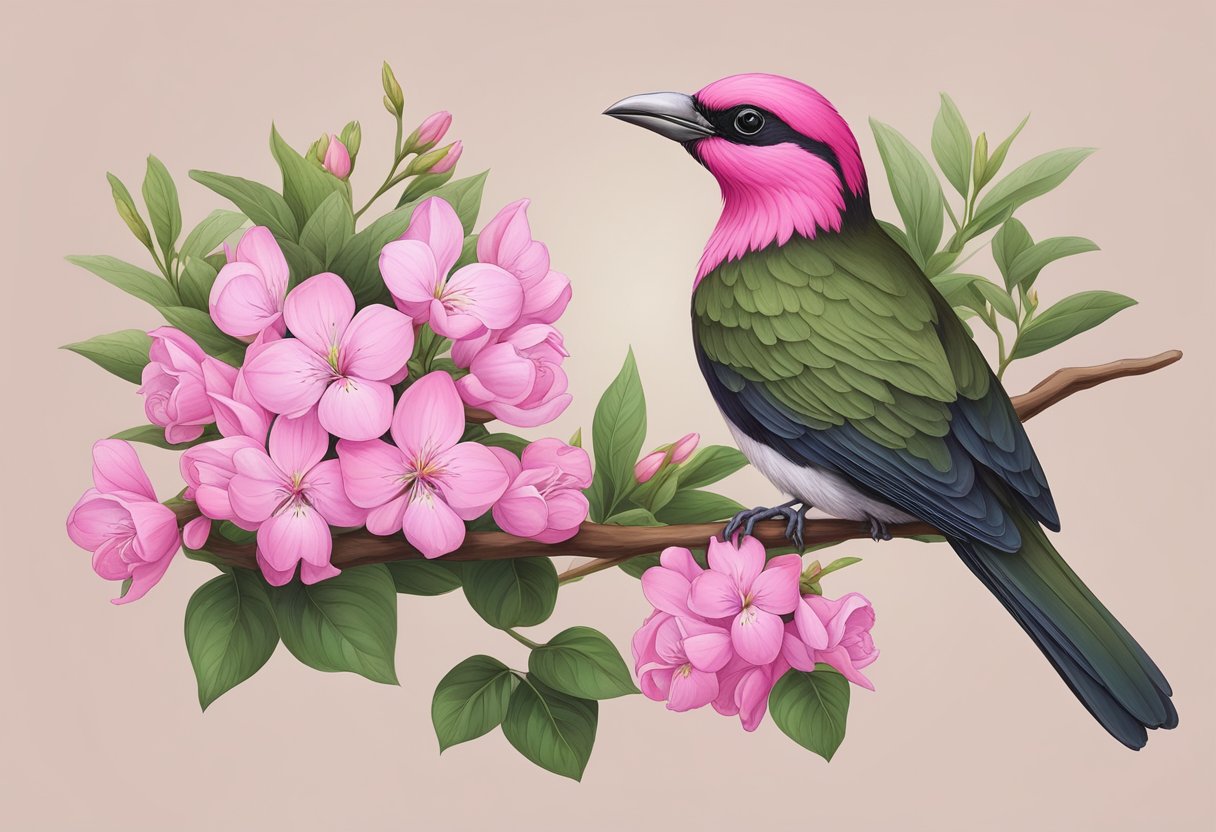 A Mindoro bleeding heart bird perched on a tree branch, surrounded by lush green foliage and delicate pink flowers