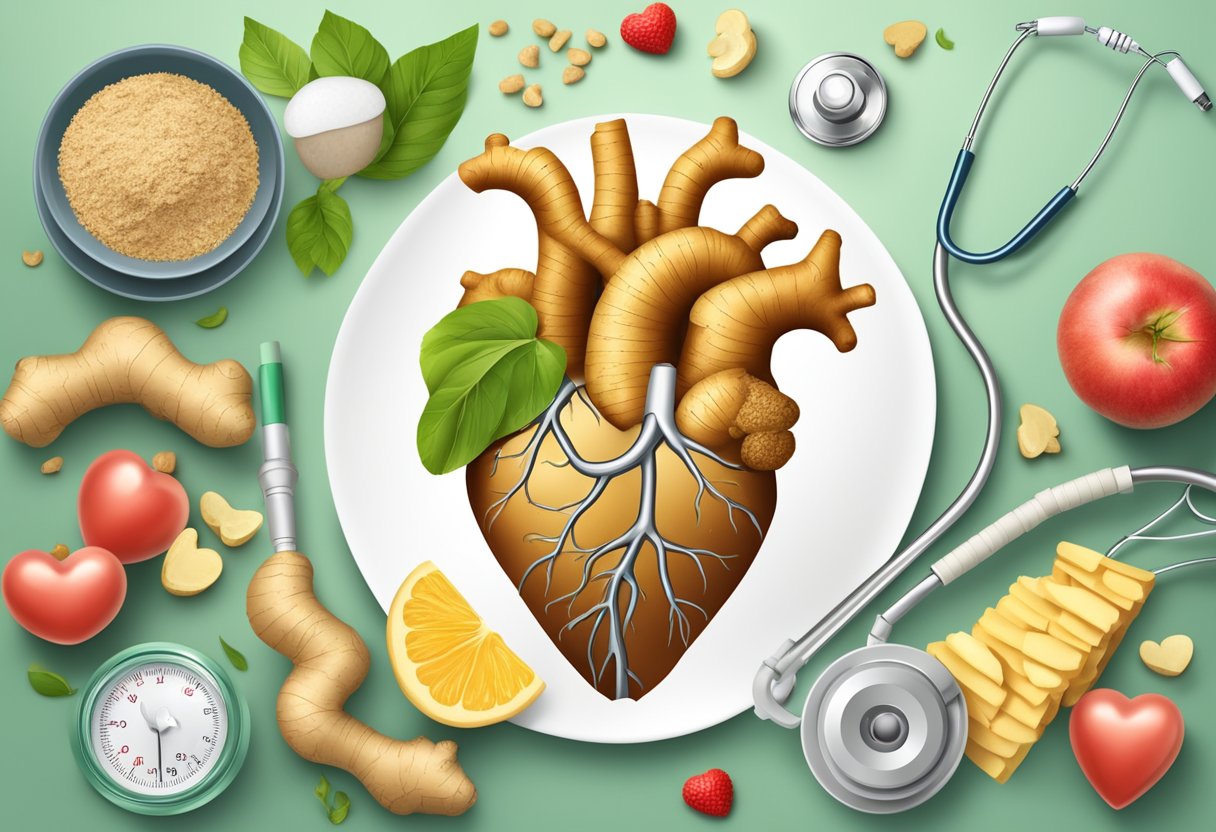 A heart-shaped ginger root surrounded by medical equipment and a heart-healthy diet
