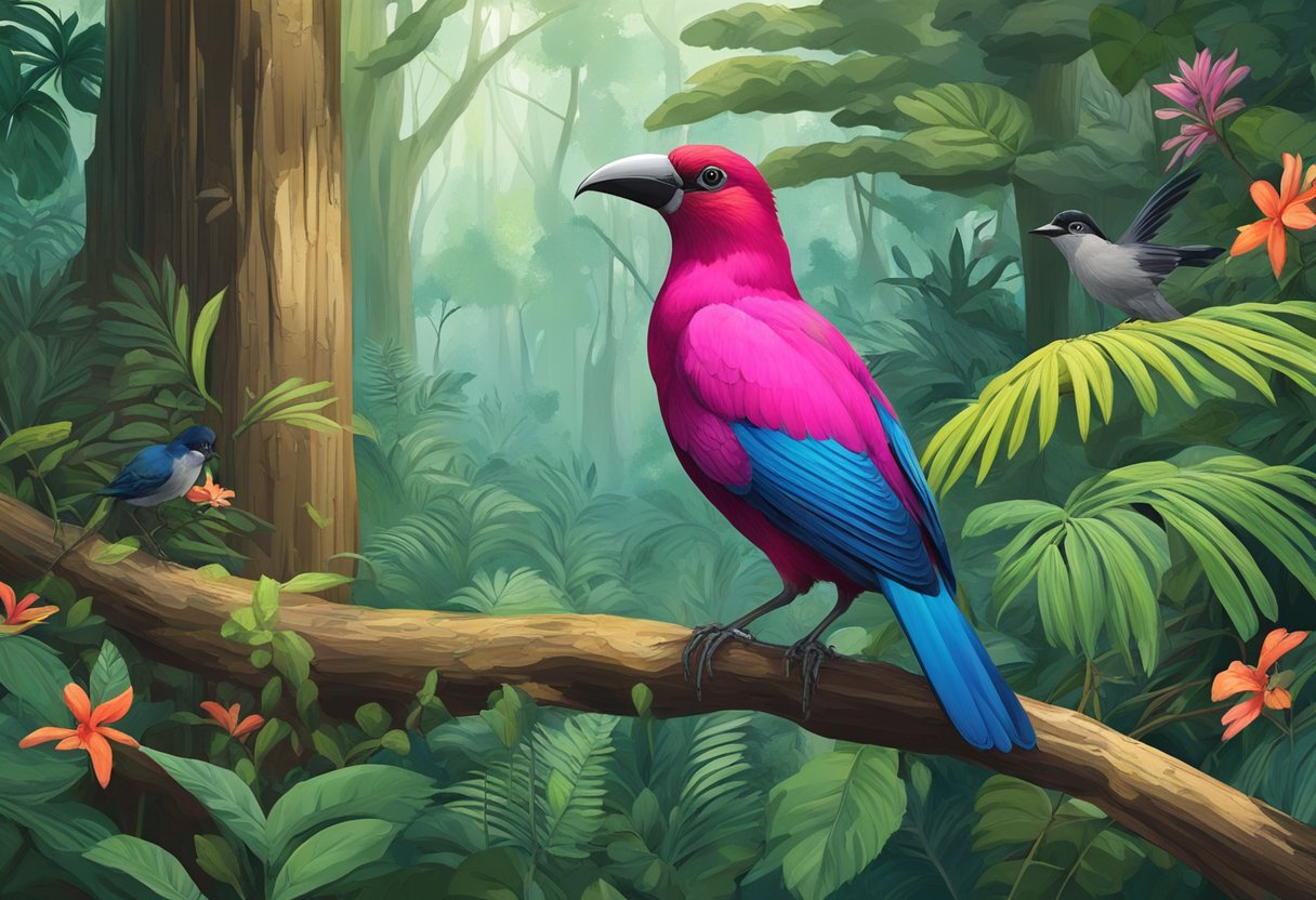 A dense forest with tall trees and lush vegetation, with a Mindoro bleeding heart bird perched on a branch, surrounded by other native flora and fauna