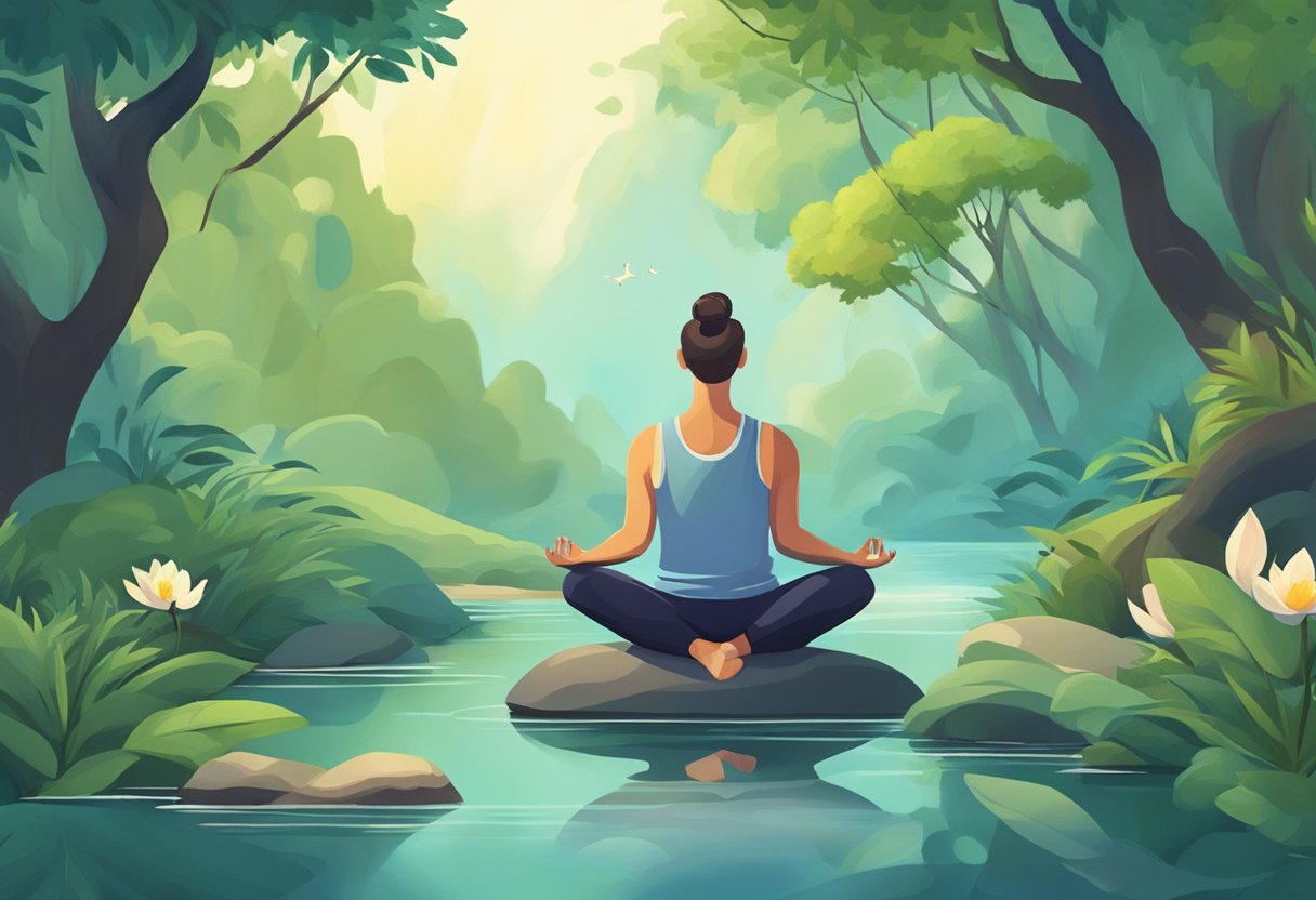 A person meditates in a peaceful, natural setting, surrounded by greenery and calming elements, such as a gentle stream or soft music