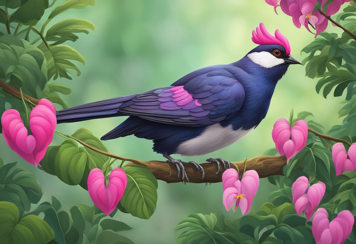 A Mindoro bleeding heart bird perched on a tree branch, surrounded by lush green foliage and vibrant flowers
