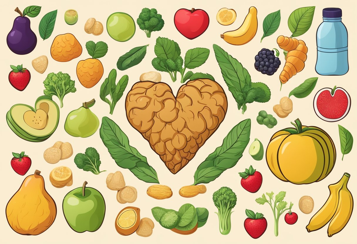 A heart-shaped ginger root surrounded by healthy lifestyle symbols like fruits, vegetables, and exercise equipment
