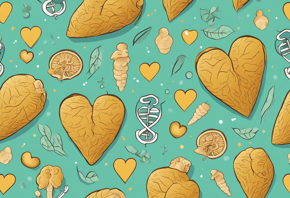 A heart-shaped ginger root surrounded by medical symbols and a question mark