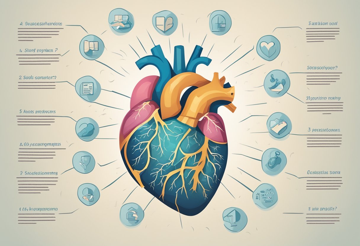 A heart with a visible hole, surrounded by question marks and a list of symptoms