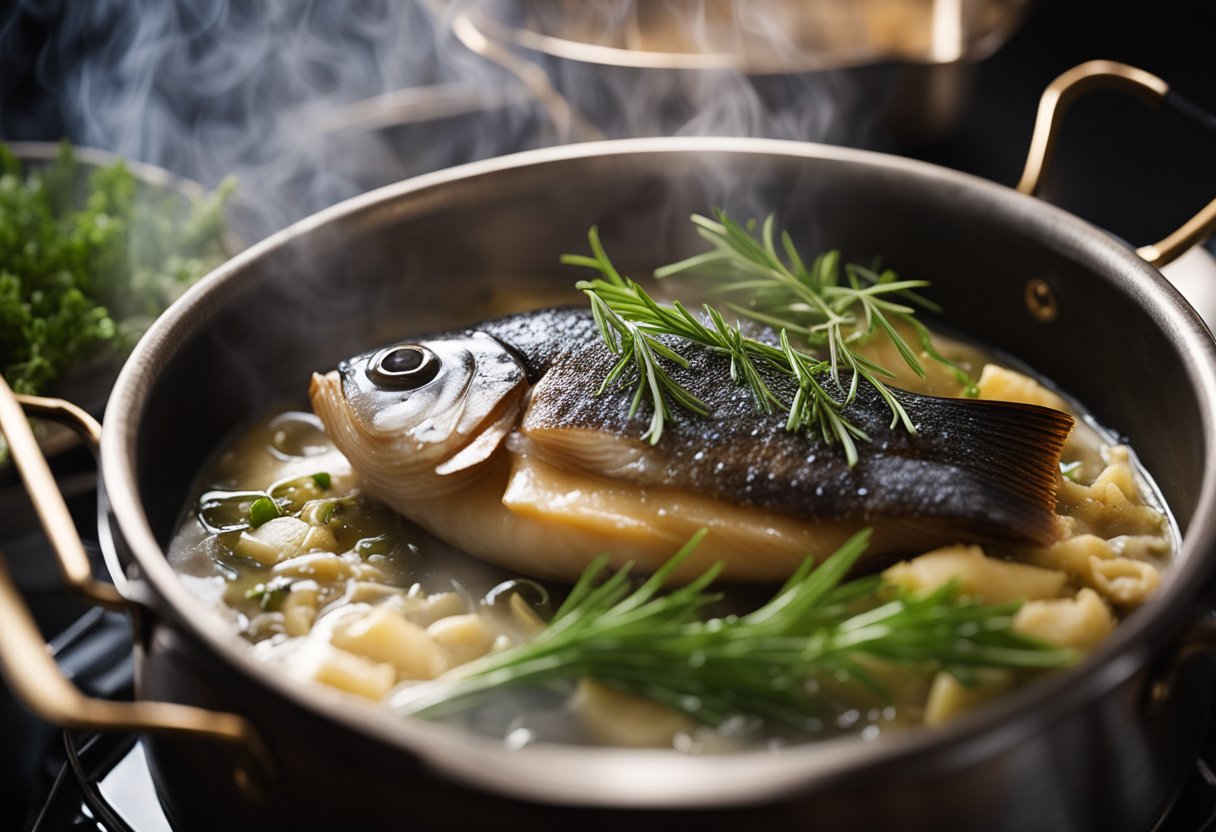 Steam rises from a pot of cooking patin fish. A recipe book titled "Frequently Asked Questions" is open nearby