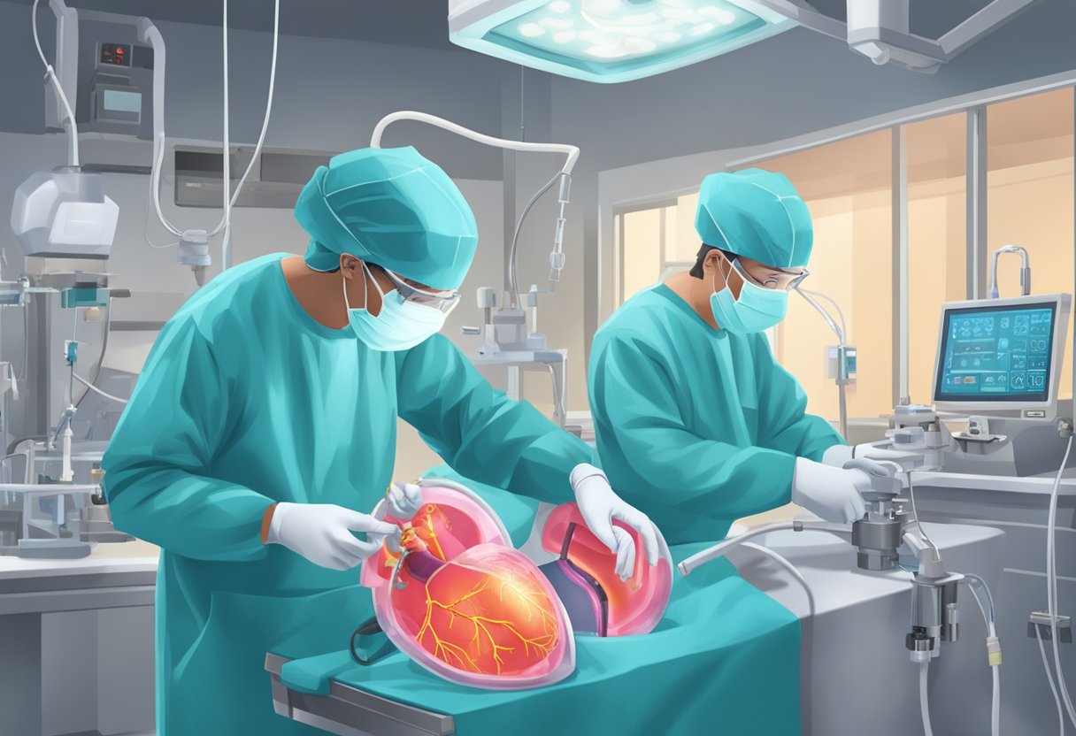 A surgeon repairs a cyanotic heart defect using a heart-lung machine in a sterile operating room