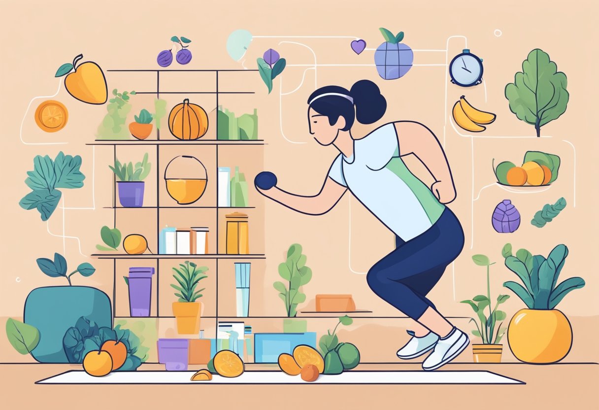 A person exercising, eating healthy, and managing stress to prevent heart disease