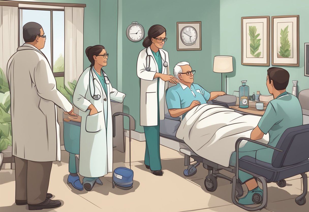 A doctor discussing treatment options for congestive heart failure and skin rash with a patient's family