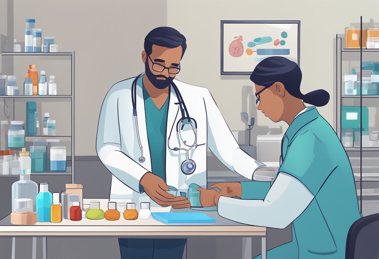 A doctor administers medication to a patient with cyanotic heart disease. Equipment and medication are arranged on a nearby table