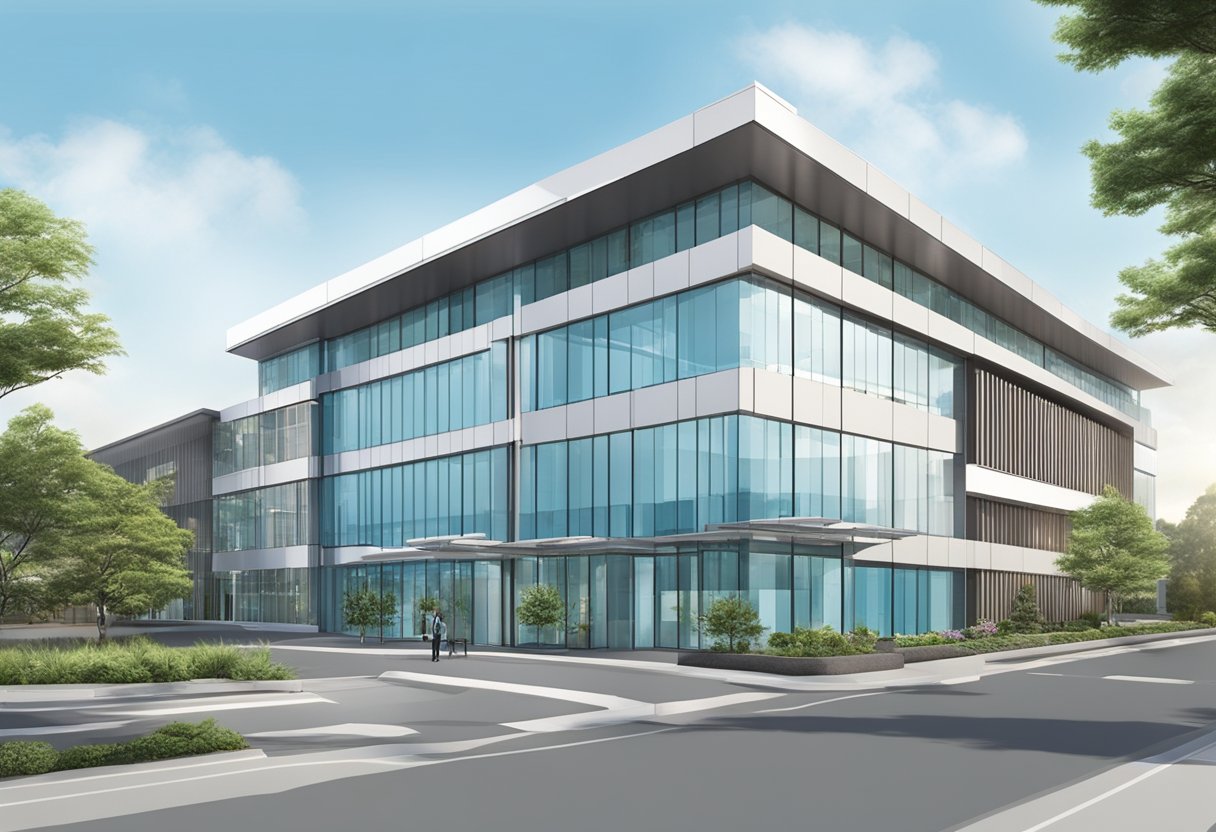 A modern hospital exterior with prominent signage "Comprehensive Cardiac Care Asian Heart & Vascular Centre Mount Elizabeth." The building is sleek and well-maintained, with large windows and a professional, welcoming atmosphere