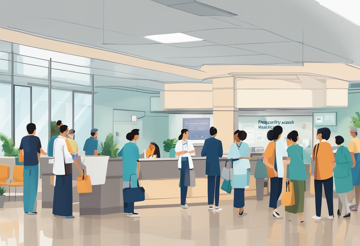A busy hospital reception with people waiting in line, a sign reading "Frequently Asked Questions asian heart & vascular centre mount elizabeth" displayed prominently