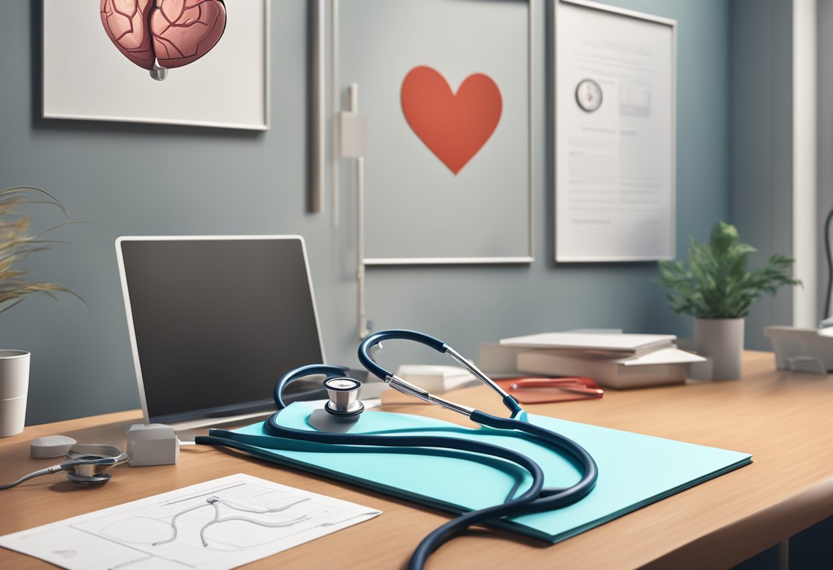 A stethoscope rests on a desk next to a stack of medical journals and a heart model, while a poster displaying the cardiovascular system hangs on the wall