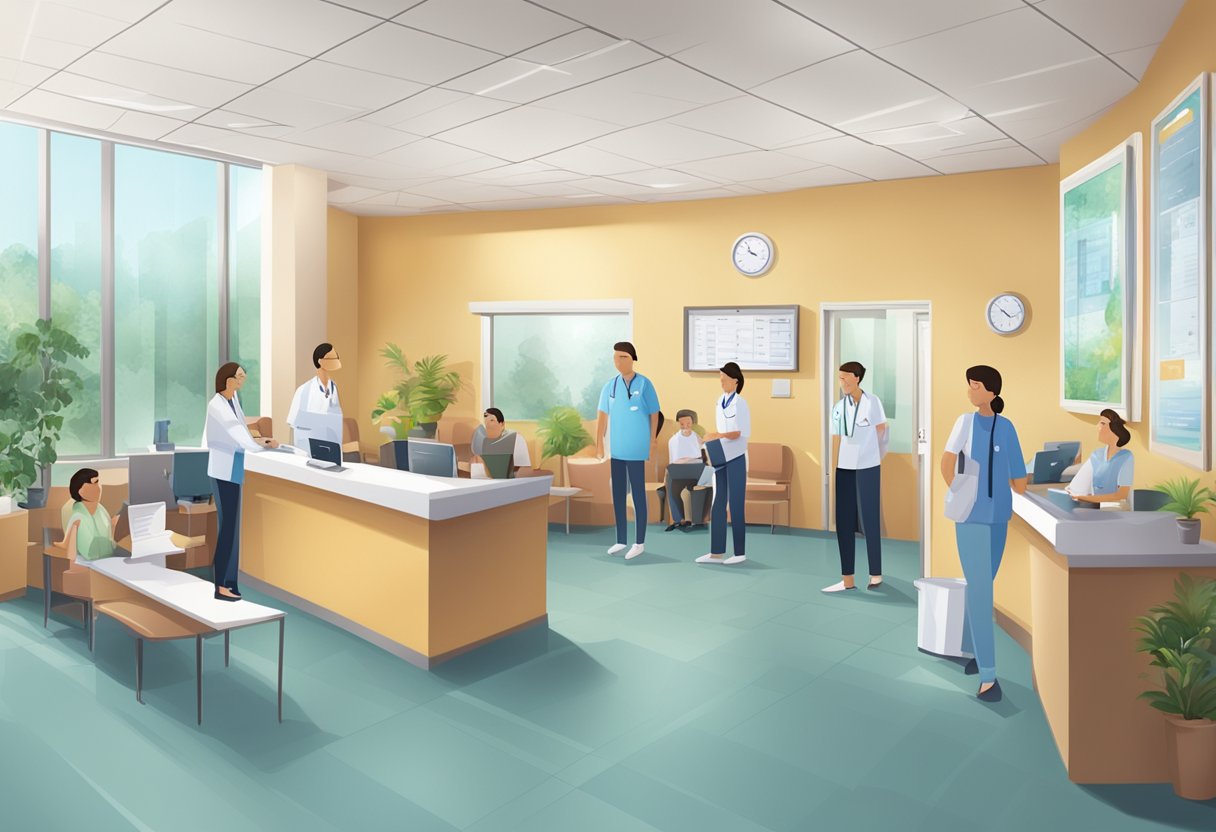 The bustling waiting room of Dr. TTlim Cardiology Clinic, with patients checking in and out, and the sound of medical equipment in the background