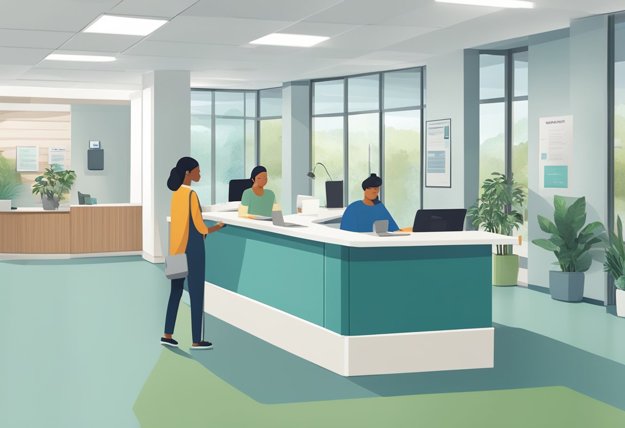 Patients waiting in a modern, well-lit clinic reception area. A sign reads "Frequently Asked Questions" above a desk where a receptionist sits. Magazines and brochures are neatly displayed