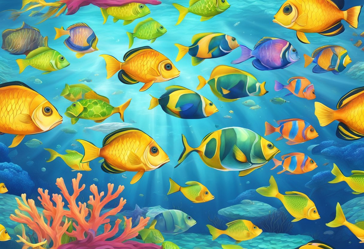 A school of colorful strom fish swimming gracefully in a clear, tropical ocean, surrounded by vibrant coral reefs and exotic marine life