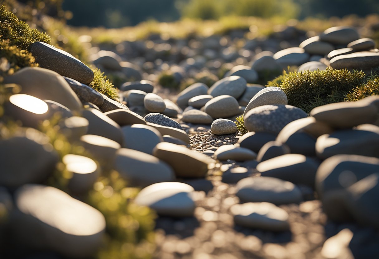 A winding path leads to a mountain of smooth, glistening stones, shimmering in the sunlight. A single stone sits atop the pile, radiating success