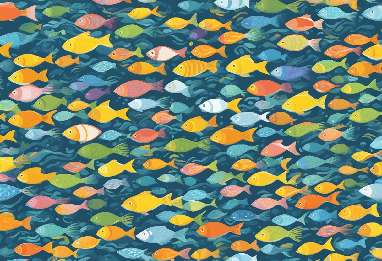 A school of colorful fish swimming around a "Frequently Asked Questions" sign in a swirling pattern