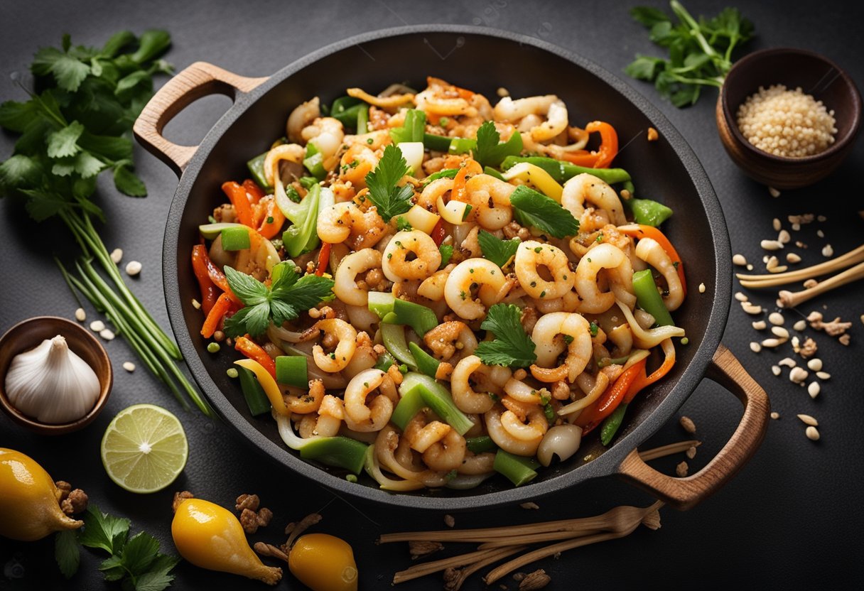 A chef stir-fries squid with ginger, garlic, and soy sauce in a sizzling wok, surrounded by colorful Chinese ingredients and spices