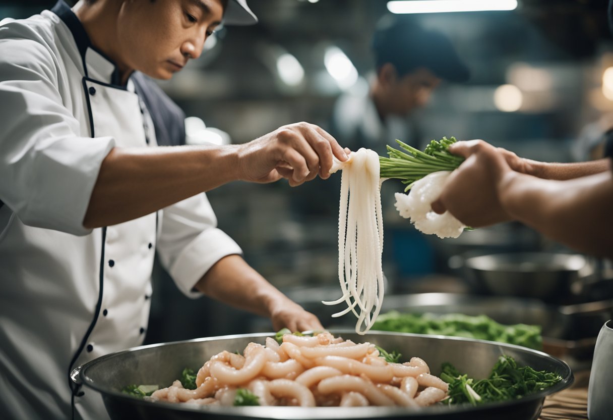 A chef selects fresh squid from a market stall, then meticulously cleans and prepares them for a traditional Chinese recipe