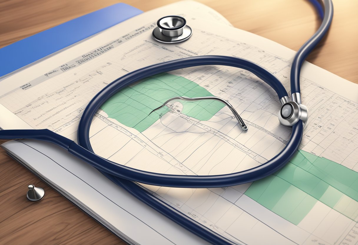 A stethoscope rests on an open journal with the title "heart failure." EKG strips and medical charts surround it, depicting the severity of the condition