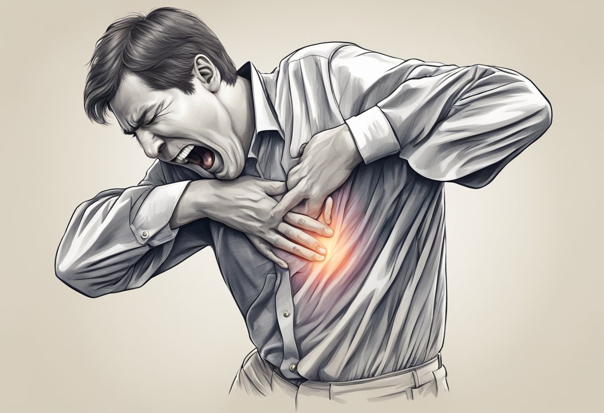 A person grimaces as they clutch their chest and foot in pain