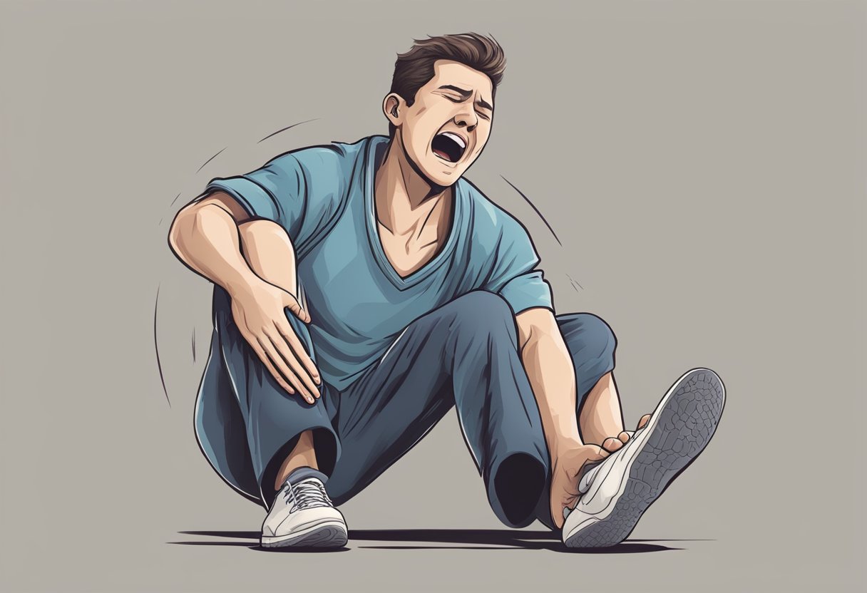 A person holding their chest and grimacing while their foot is raised and they wince in pain