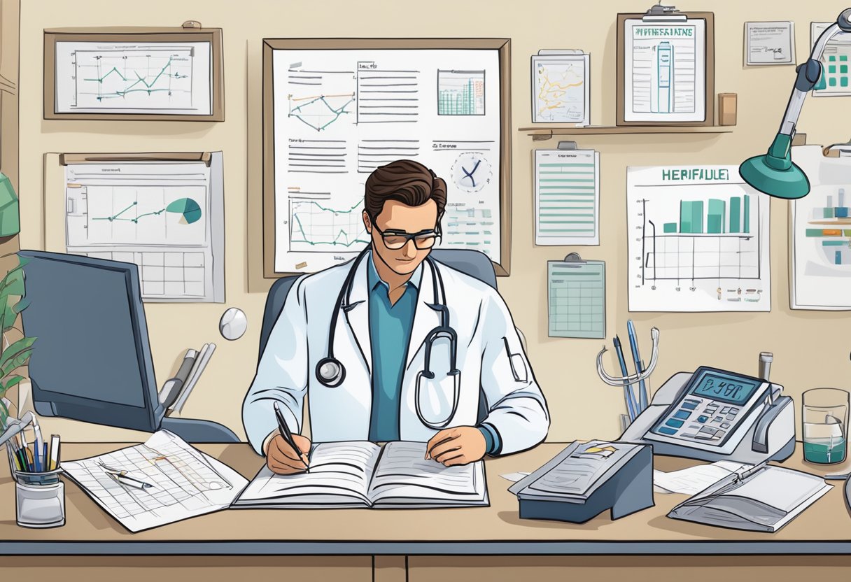 A doctor reviewing a heart failure journal, surrounded by medical equipment and charts