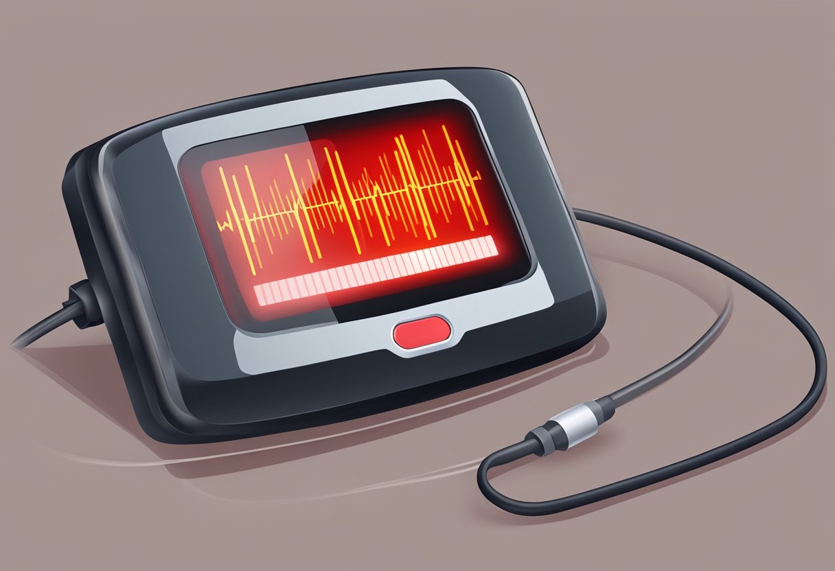 A heart rate monitor displaying a slow rhythm, with a red alert light flashing