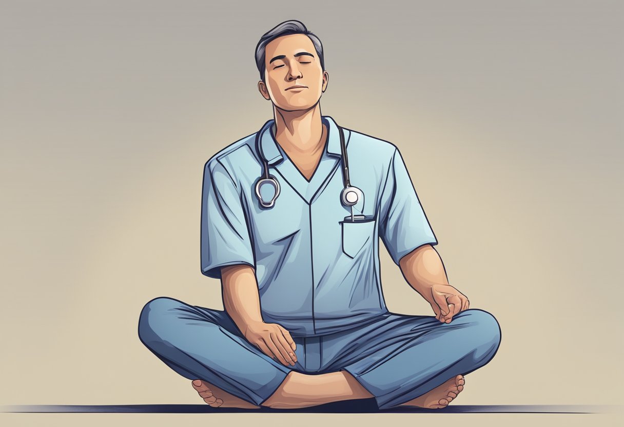 A person sitting with a hand on their chest and foot elevated, receiving treatment for heart and foot pain