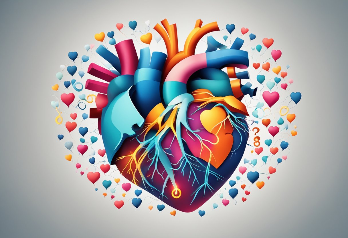 A heart with a heavy beat, surrounded by question marks