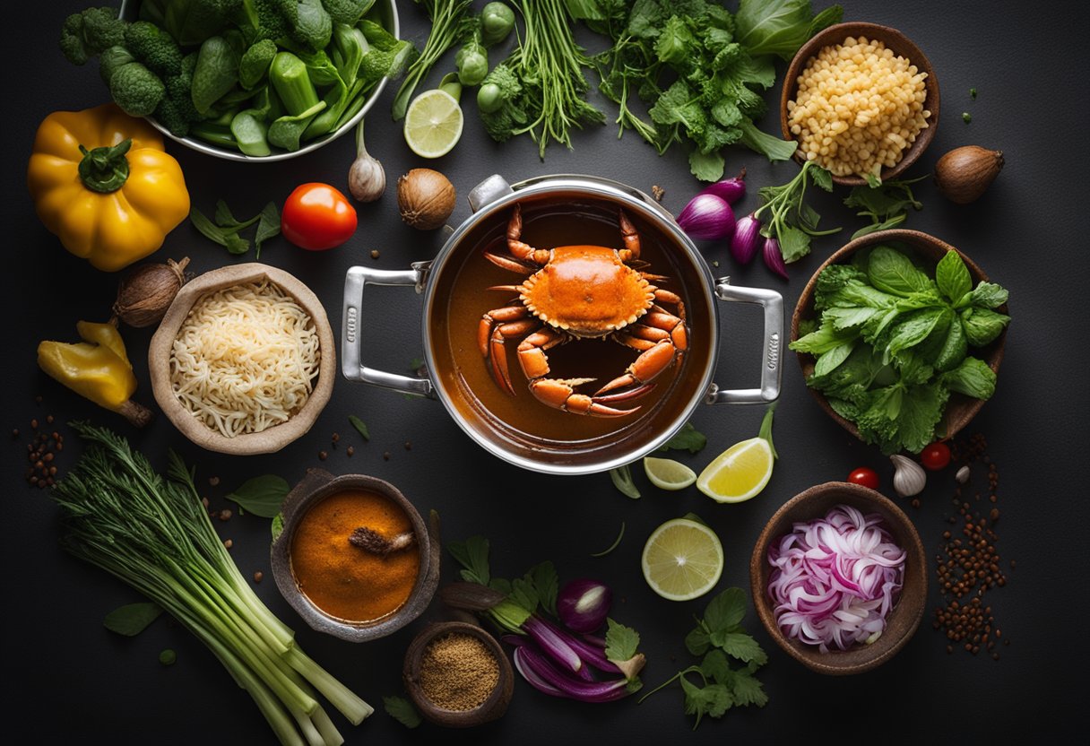 A pot simmering with aromatic spices, chili, and coconut milk. A large Sri Lankan crab being added to the pot, surrounded by vibrant vegetables and herbs