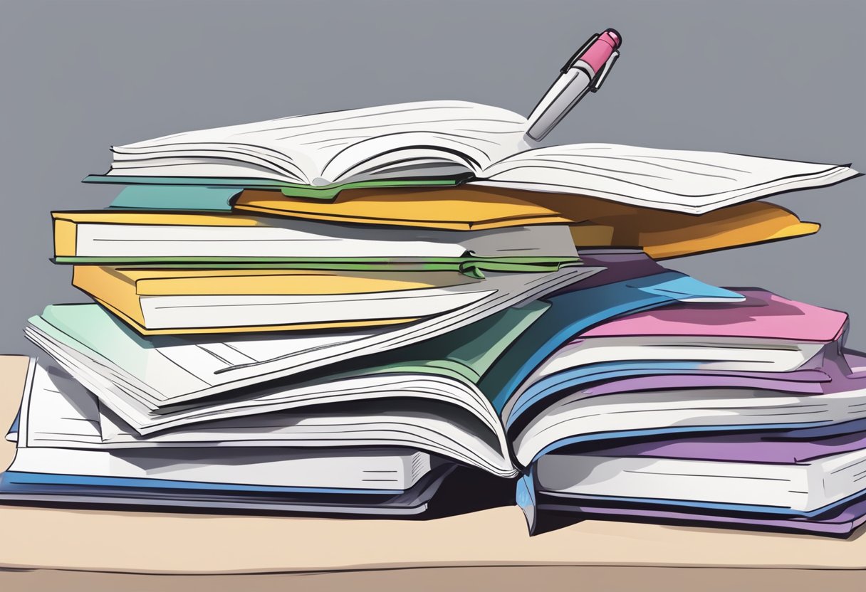 A stack of heart failure journals surrounded by open pages and a pen