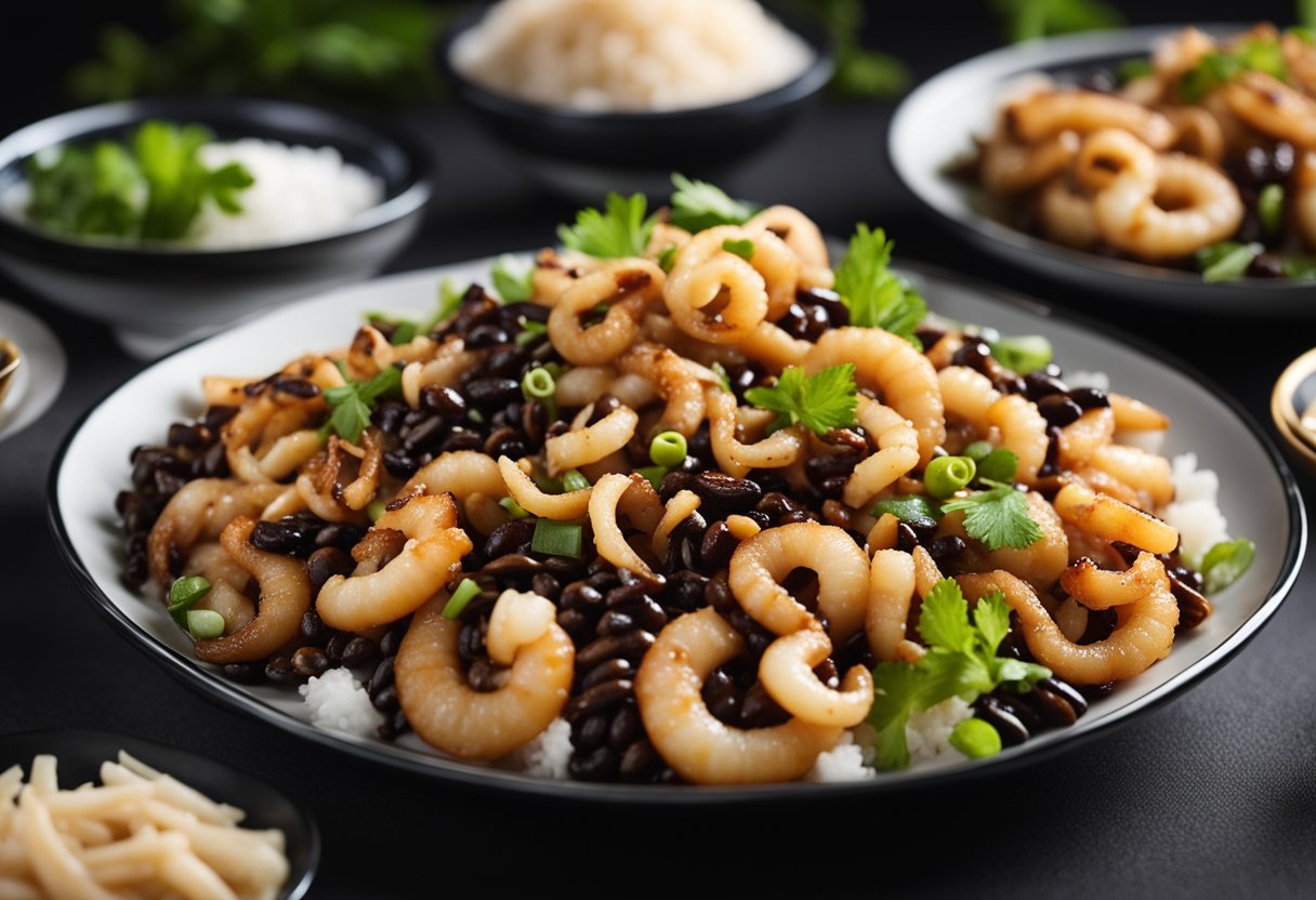 A table set with various classic Chinese squid dishes, including stir-fried squid, salt and pepper squid, and squid in black bean sauce