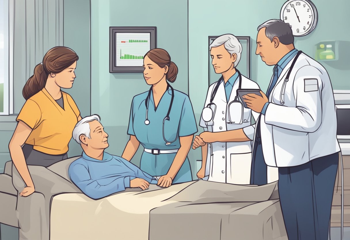 Heart rate monitor beeping, displaying slow rhythm. Patient's concerned family looks to medical staff for answers