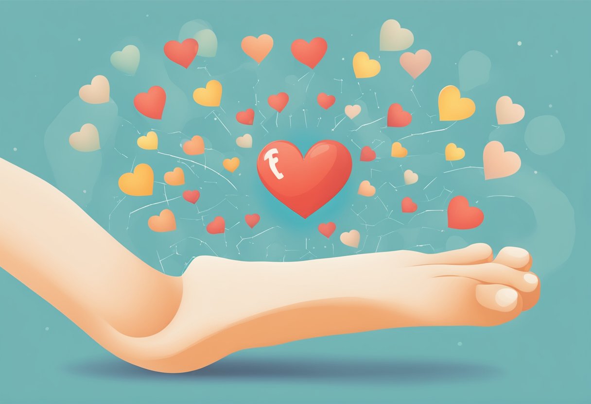 A heart and a foot with question marks floating above them