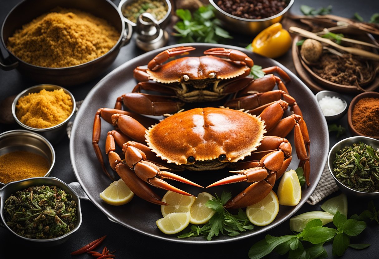 A large Sri Lankan crab being prepared with aromatic spices and herbs, surrounded by traditional cooking utensils and ingredients