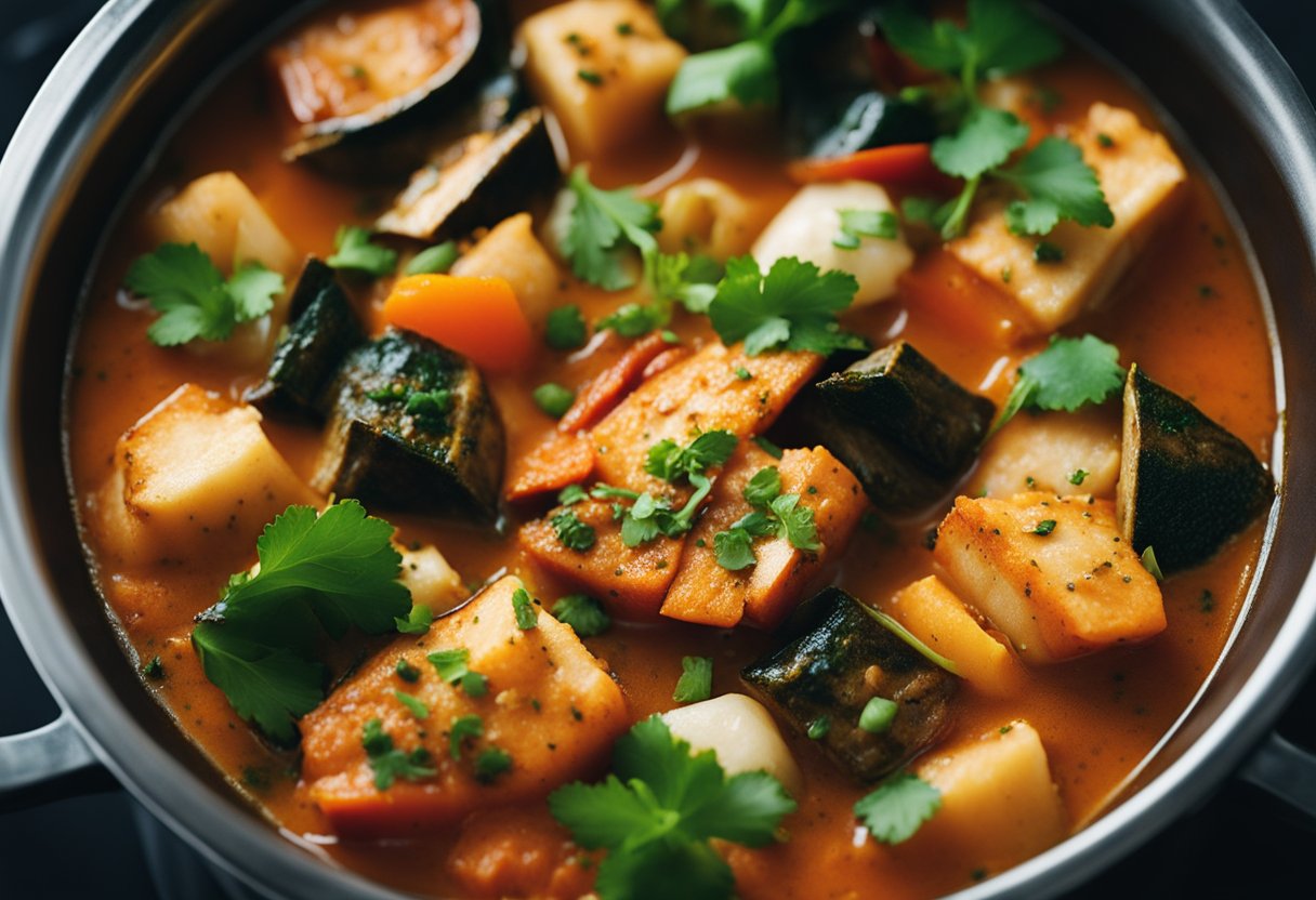 A steaming pot of Sri Lankan fish stew with chunks of fish, vibrant spices, and colorful vegetables simmering in a rich, aromatic broth
