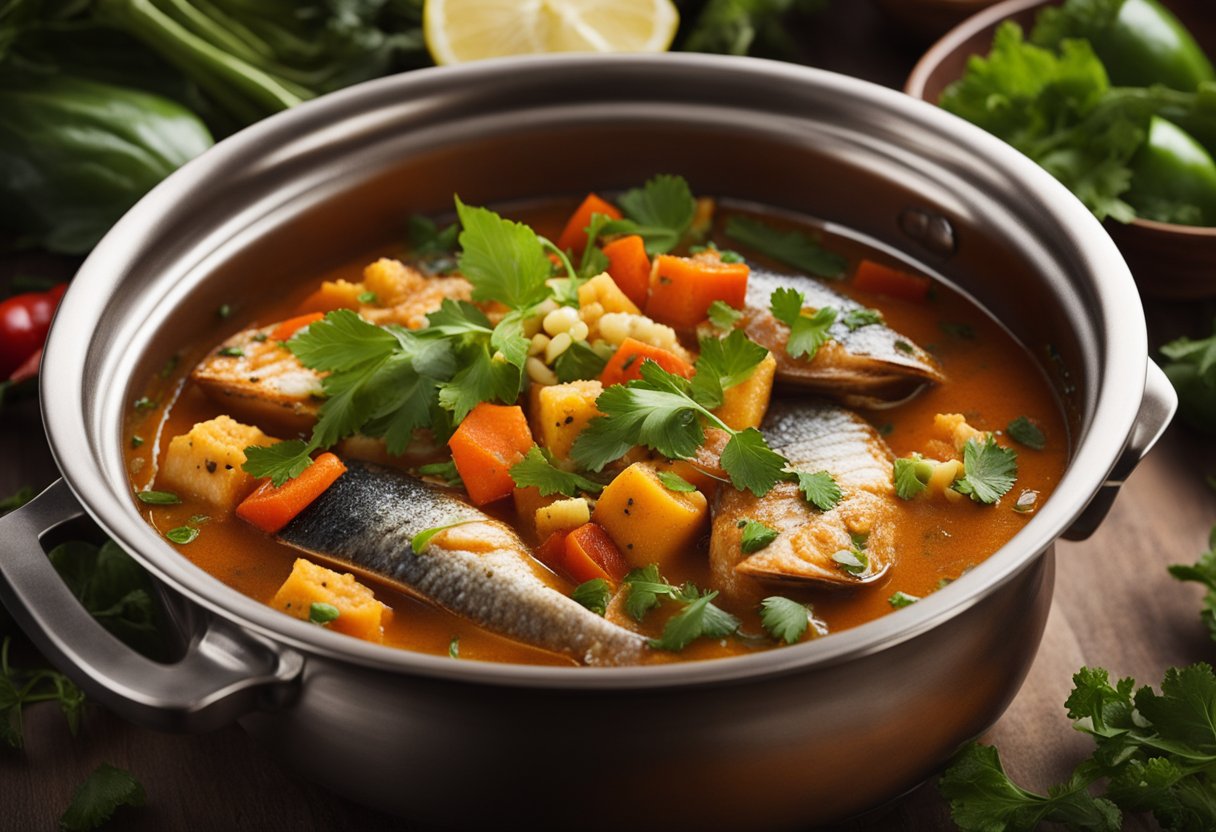 A bubbling pot of Sri Lankan fish stew with fragrant spices and chunks of fresh fish, surrounded by vibrant tropical vegetables and herbs