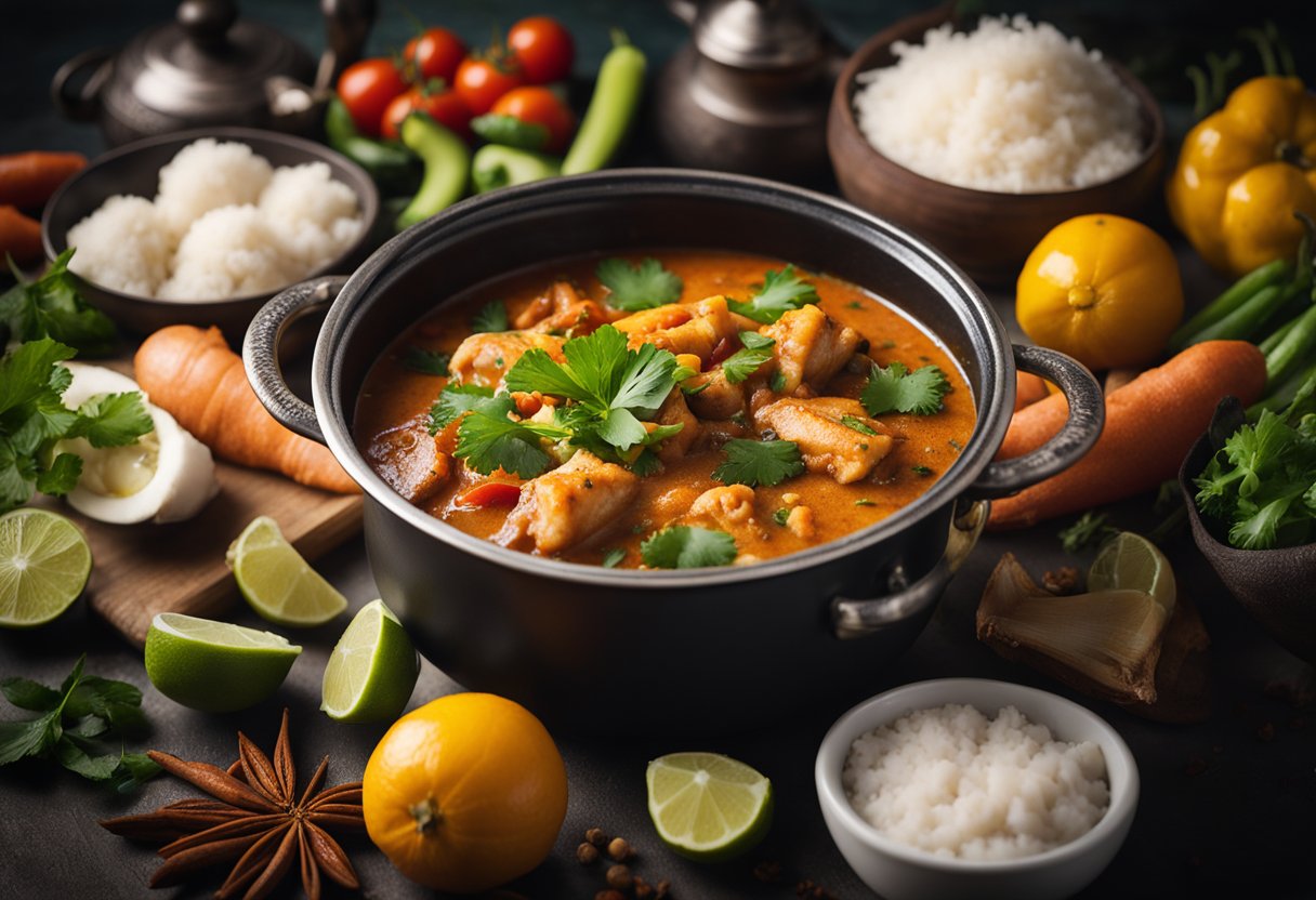 A steaming pot of Sri Lankan fish stew surrounded by vibrant spices, coconut milk, and fresh vegetables, evoking the rich cultural heritage and nutritional value of the dish