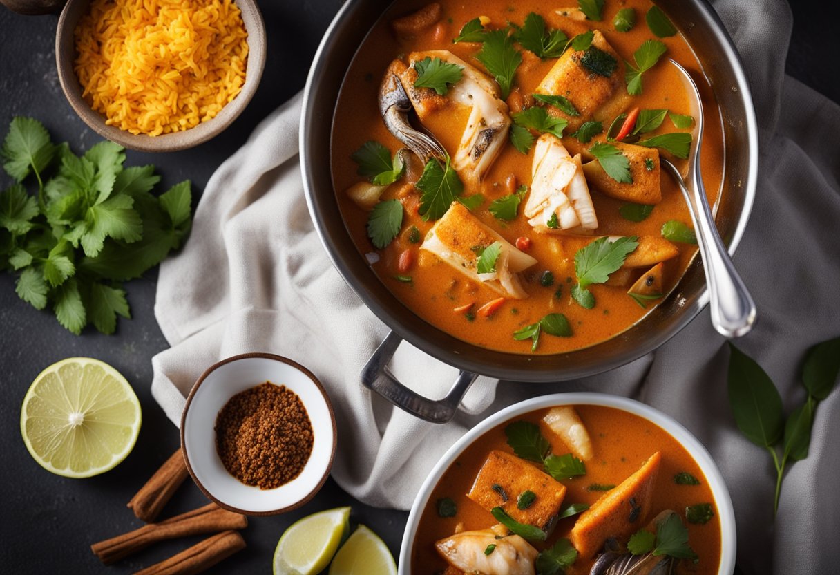 A steaming pot of Sri Lankan fish stew surrounded by vibrant spices, coconut milk, and chunks of fresh fish, with a hint of tangy tamarind and fragrant curry leaves
