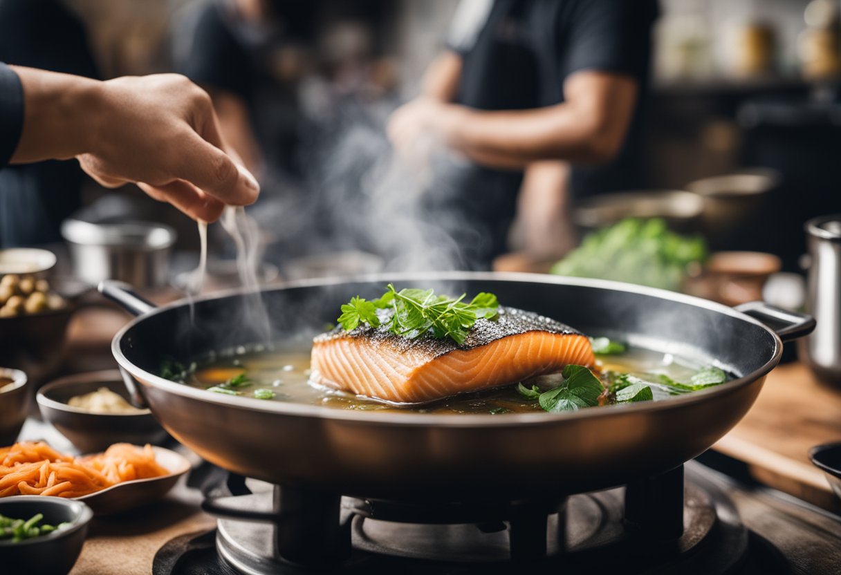 Steam rises from a pot of fish and ingredients being prepared with fish sauce