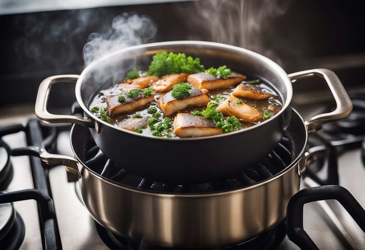 A pot of steaming fish sauce on a stovetop, with bubbles rising and a cloud of steam above