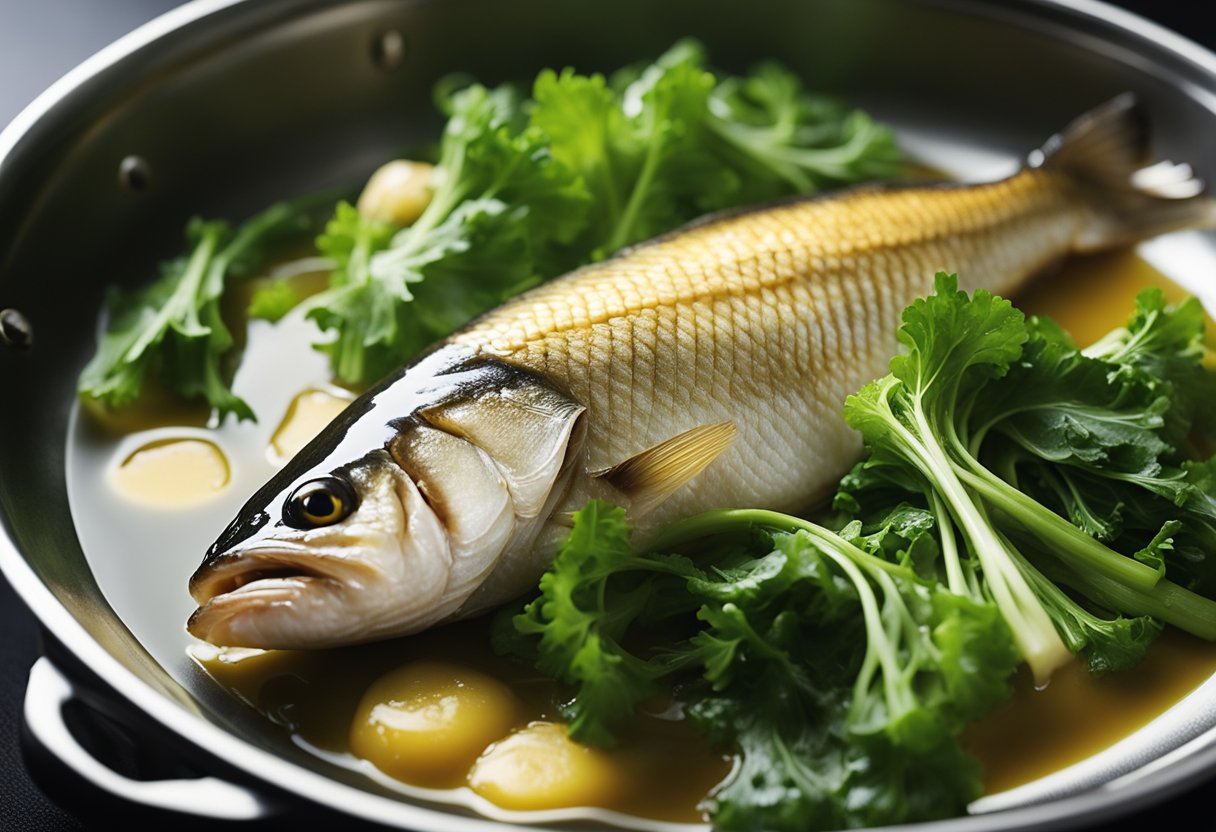A whole fish is being steamed over a bed of pickled mustard greens, releasing fragrant steam