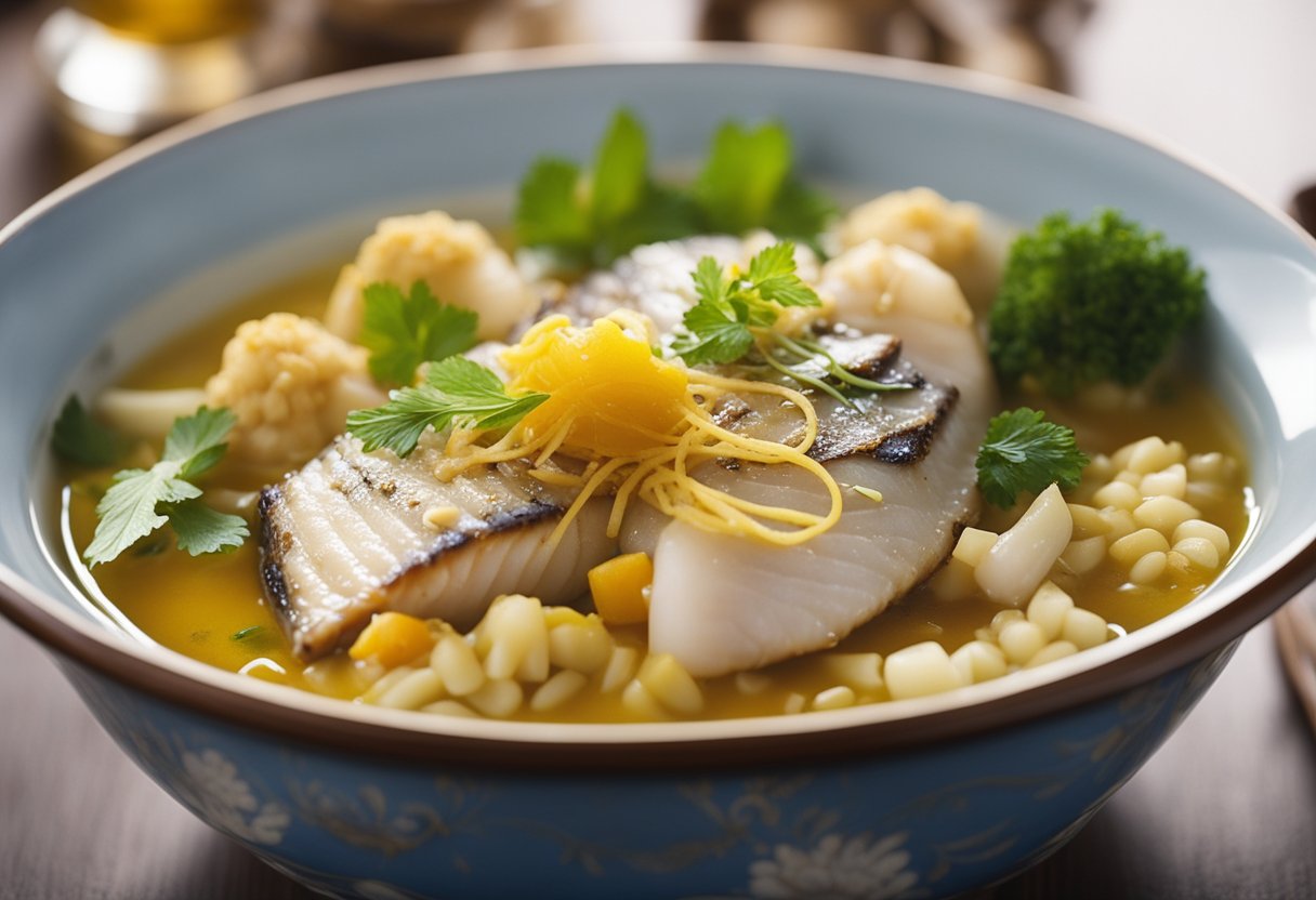 A steaming bowl of fish with pickled mustard, surrounded by steam and a hint of savory aroma