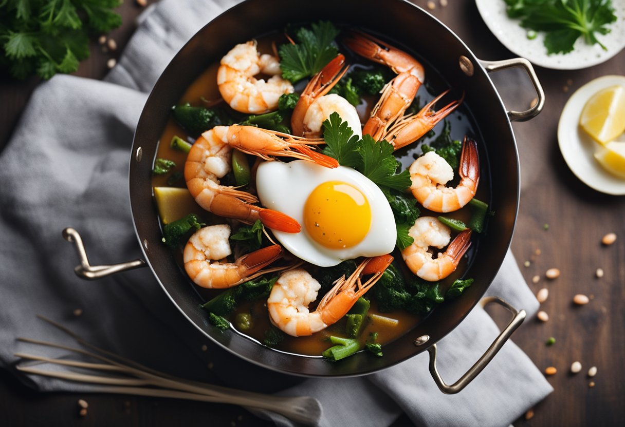 Prawns steaming in a pot with fluffy egg white on top
