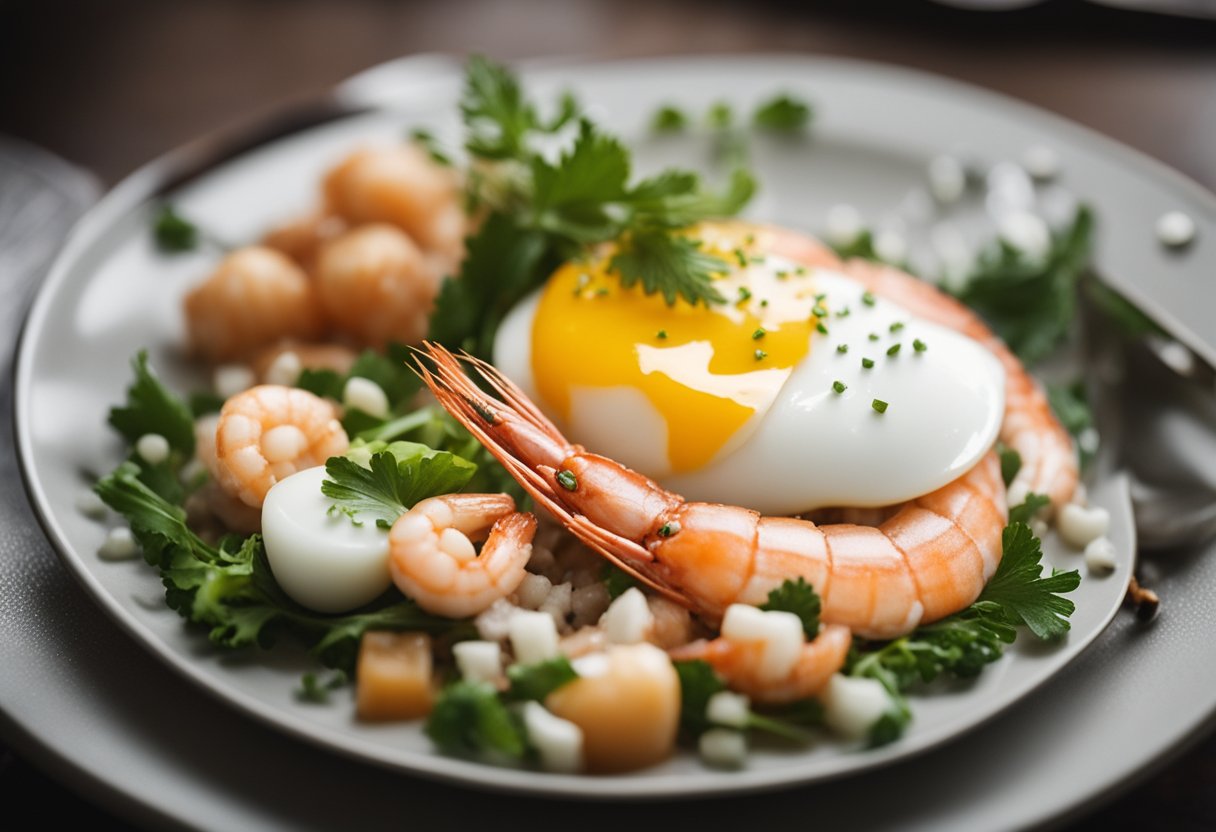 A steaming plate of prawn with egg white being carefully served
