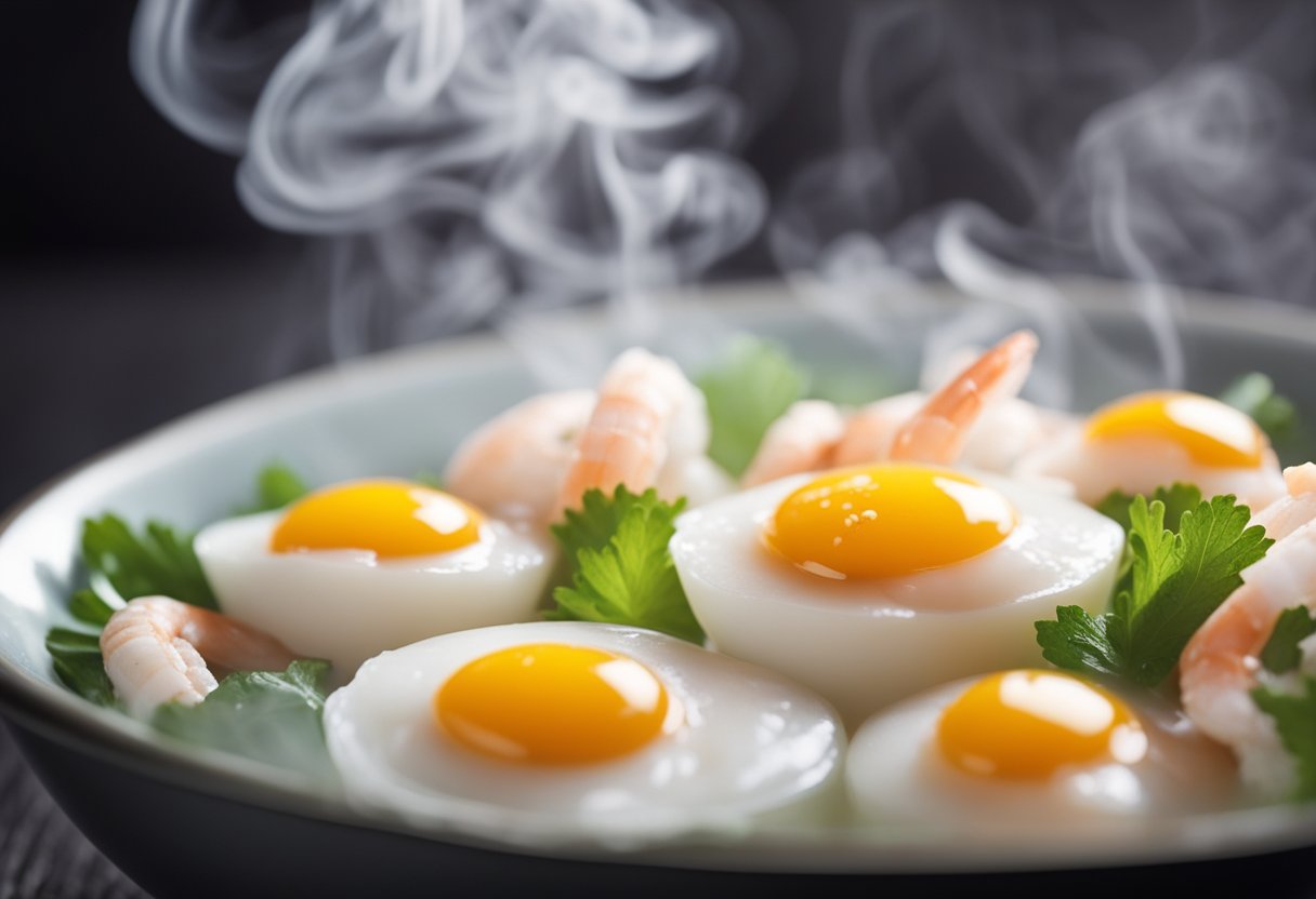 A steaming bowl of prawn and egg white, surrounded by steam and a delicate aroma