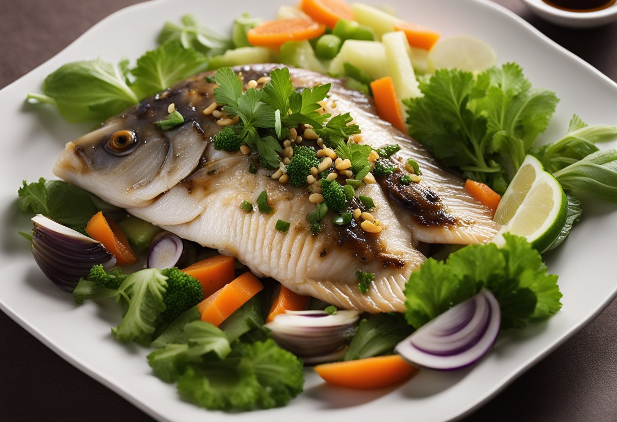 A plate of steamed tilapia drenched in glistening oyster sauce, garnished with fresh herbs and surrounded by steamed vegetables