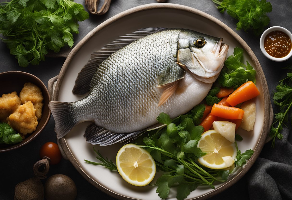 A whole tilapia fish lies on a bed of herbs and vegetables, surrounded by a bowl of oyster sauce and a steamer ready for cooking